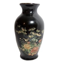 Japanese Inspired Ceramic Painted Vase Floral Bird Black Gold Rim 6-in V... - $22.97