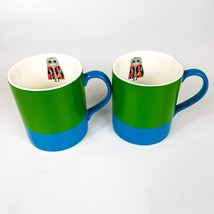 Set Of 2 Neiman Marcus Green  Blue Ceramic Mugs Colorful Owl Inside - $24.74