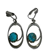 Vintage Clip-On Silver-Tone Oval Earrings With Turquoise Stone Accents - $548.33 MXN