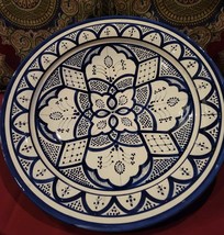 Moroccan Terracotta Serving Platter Pottery ART DESIGN GGE "ASFI BLUE” 15 7/8” D - £98.92 GBP