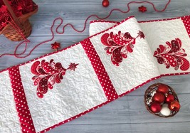 Christmas quilted long table runner, Christmas red tree, Xmas bed topper quilted - £118.06 GBP