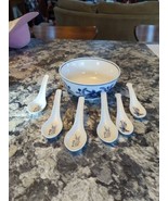 Vintage Chinese Rice Bowl and Spoons Porcelain Blue White Small Dish Bro... - $603.07 MXN