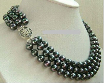 8-9mm 3 Rows Real Black Pearl 925 A Fortune Clasp Necklace - £37.18 GBP