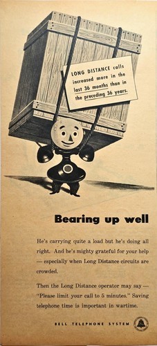 1944 BELL TELEPHONE SYSTEM &quot;Bearing up well&quot; Long Distance-Vintage Print... - £8.81 GBP