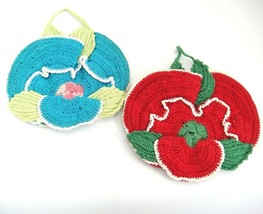 Vintage Handmade Crocheted Doily Hot Pads Wall Hangers Red Blue Lot of 2 - £4.47 GBP