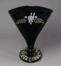 Fenton Glass Black Fan Vase &quot;Rose&quot; Signed by A. Farley Hand Painted - $42.65