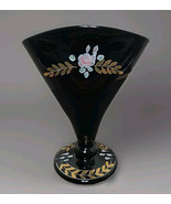 Fenton Glass Black Fan Vase &quot;Rose&quot; Signed by A. Farley Hand Painted - $58.33 CAD