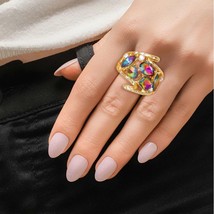 Women Loop Mixed Pink Green Crystal Rhinestone Gold Plated Stretch Cocktail Ring - £22.71 GBP