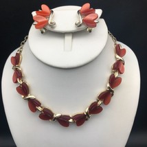Vintage Thermoset Hearts Jewelry Set Gold Tone and Autumn Bronze Moonglow Lucite - £37.03 GBP