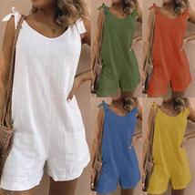 Solid Color Sleeveless Adjustable Straps Pockets Loose Rompers - £18.34 GBP