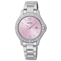 NEW Seiko Pink Dial SXDF75 Stainless Steel Ladies Dress Date Watch MSRP $250 - £78.69 GBP