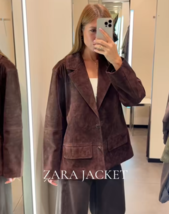 ZARA BNWT 2025. DARK BROWN SUEDE LEATHER OVERSIZE BLAZER JAQUET. 4341/71... - $228.31