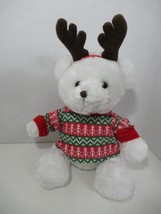 Hobby Lobby plush white teddy bear red green Christmas sweater Reindeer antlers - £4.19 GBP