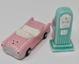 Knobler Pink Convertible Car &amp; Green Gas Pump Salt Pepper Shakers - $19.79
