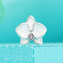 925 Sterling Silver Orchid, White Enamel &amp; Orchid CZ Charm Bead - £12.32 GBP