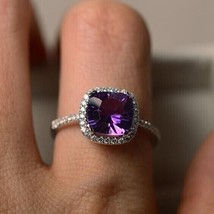 1.20Ct Cushion Cut CZ Amethyst Halo Engagement Ring 14K White Gold Plated - £84.63 GBP
