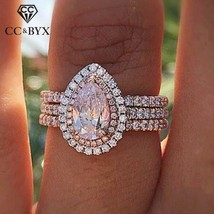 CC Rings For Women Pink Water Drop Cubic Zirconia 3 Layers Ring Bridal Wedding E - £6.77 GBP
