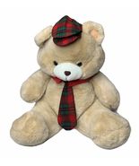 Vtg 80s Cuddle Wit Brown 1985 Christmas Teddy Bear with Plaid Hat and Ti... - $544.63 MXN