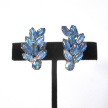 Vintage Silvertone Clip On Earrings Iridescent Blue Leaf Glass Mid Century - $24.72