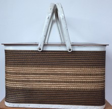 Vintage Redmon Picnic Basket Tartan Brown Stripe Wood Lid Metal Handle Made USA - £117.67 GBP