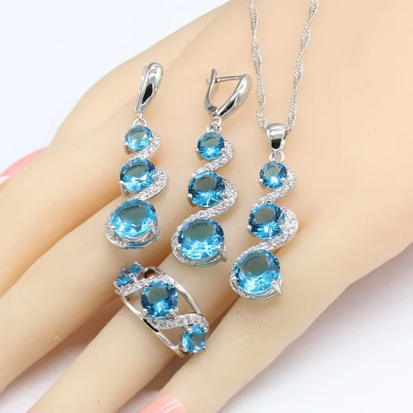 Sky Blue White Silver Color Jewelry Sets For Women Bracelet Long Earrings Neckla - £30.41 GBP