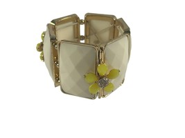 Wide Stretch Bracelet Gold Tone Cream Paneled Yellow Flowers Rhinestones - $14.85