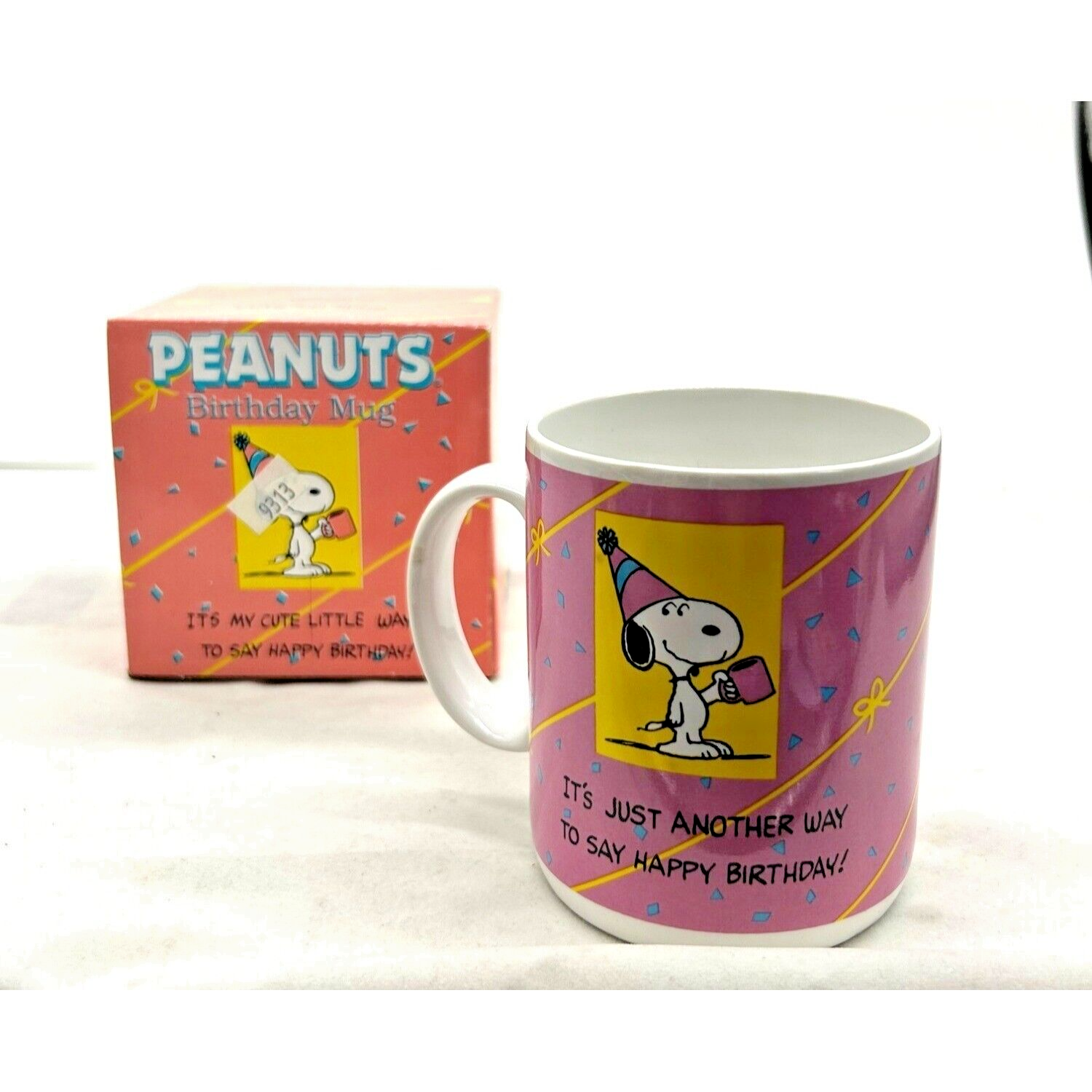 Snoopy Peanuts Pink Happy Birthday Coffee Cup Tea Mug Willits Vintage Box - $20.56