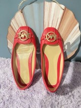 Michael Kors Driving  Ballet Flats Shoes Red Leather Gold MK Logo  Buckle SZ 6 - £19.46 GBP