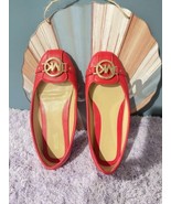 Michael Kors Driving  Ballet Flats Shoes Red Leather Gold MK Logo  Buckle SZ 6 - $24.75
