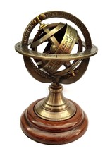 Armillary Brass Sphere Globe w Wooden Display Base Vintage Pirate&#39;s Ship... - $72.29
