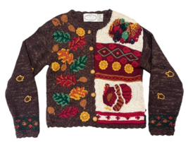 Vintage Eagles Eye Knit Pumpkin Thanksgiving Autumn Fall Cardigan Sweater Medium - £31.96 GBP