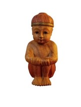 Vtg Asian Child Handcarved Wood Statue Decor Sitting with Shorts &amp; Hat 8... - £47.50 GBP