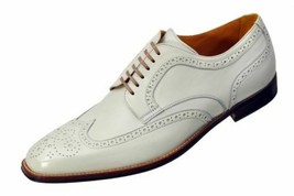 Men Oxford White Color Full Brogue Toe Wing Tip Handmade Genuine Leather Shoes - £119.89 GBP+
