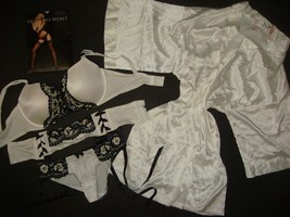 Victoria&#39;s Secret 34C,36B BRA SET+cincher belt+M,L panty+ROBE Black White BEADED - £159.49 GBP