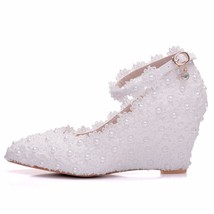 Crystal Queen White Flower Wedding Shoes Lace  High Heels Sweet Bride Dress Shoe - £56.04 GBP