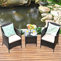3Pcs Patio Rattan Chair &amp; Table Furniture Set Outdoor W/ Beige Cushion - £185.30 GBP