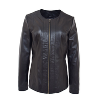 DR214 Women&#39;s Collarless Biker Leather jacket Black - £149.36 GBP