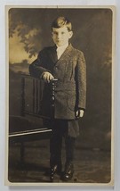 RPPC Darling Young Boy Tweed Suit Standing at Chair Studio Portrait Postcard T8 - £3.09 GBP