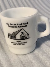 Vintage Fire King white glass mug anchor hocking St Peter Paul Catholic Church - £54.81 GBP