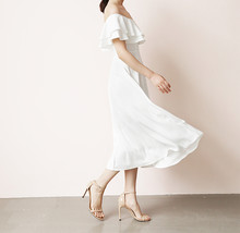 White Midi Chiffon Dress Off Shoulder Plus Size Wedding Guest Midi Dresses image 2