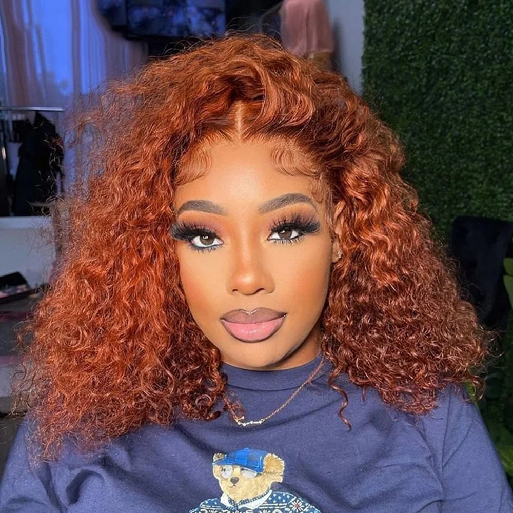 Ginger Orange Short Curly Human Hair Wigs Wet And Wavy Deep Wave Lace Front - £101.23 GBP+