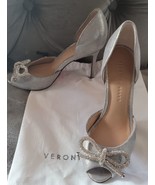 Veronica Beard Gadot Bow Metallic Silver Leather Heels Shoes Sandal $450... - $173.24