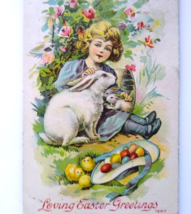 Loving Easter Greetings Postcard 1911 Child Bunny Rabbits In Flower Garden 72011 - £10.09 GBP