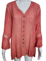 Ali Miles Blouse V-NECK 3/4 Sleeve Rayon Blend Crinkle Summer Red Large New - £36.45 GBP