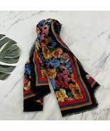 Charter Club Vintage 90s Wool Scarf Black Colorful Floral Large Square - $32.48 CAD