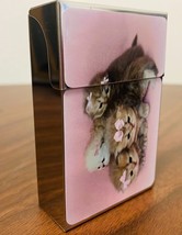 Kittens in Bows Theme Metallic Silver Flip Top 100&#39;S Cigarette Case Smoking Pink - £10.83 GBP