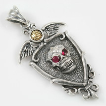 Red EyeSkull on Winged Shield  with Fleur-De-Lis emblem Two Tone Bronze &amp; Silver - £221.54 GBP