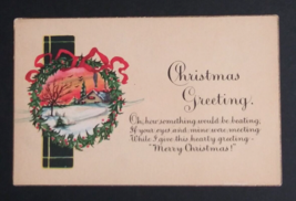 Merry Christmas Holly Wreath Snow Scenic View Unused Unposted Postcard c1910s - £6.28 GBP