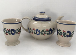 Stoneware  blue floral pattern blue trim design teapot and 2 cup set - $29.65