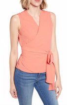 NWT Women&#39;s 1. State Coral Sleeveless Crepe Wrap Top Blouse Sz Large - £26.01 GBP